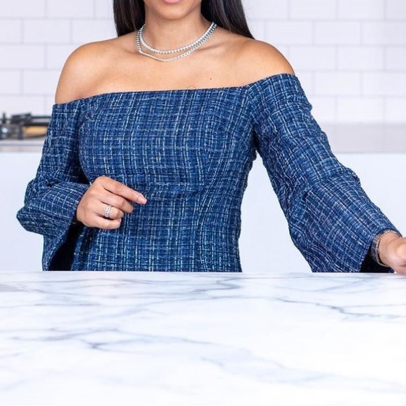 Zara NWT tweed off the shoulder peplum top - blue & black textured blouse - Picture 4 of 16